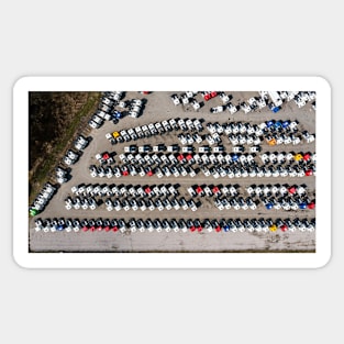 A lot of trucks on parking lot aerial view Sticker